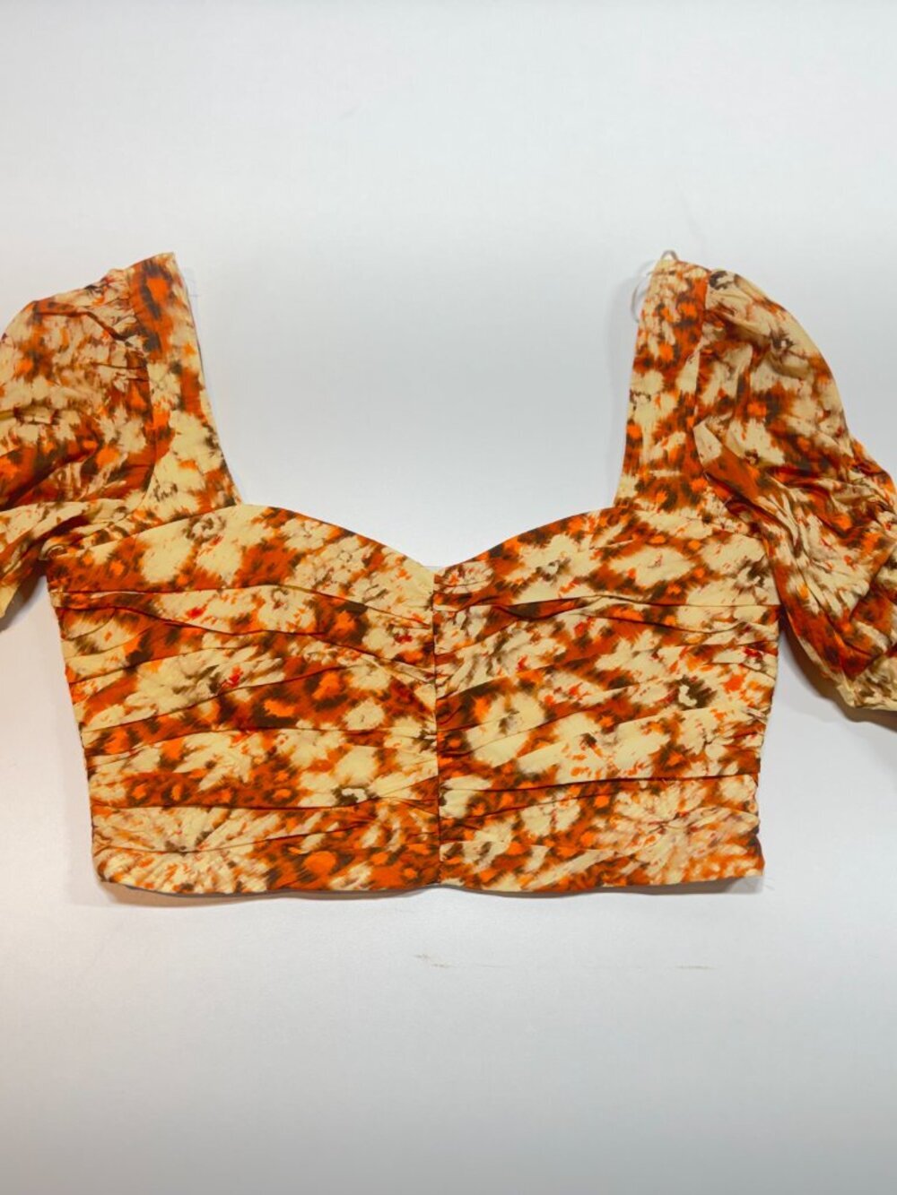 Zara Ruched Floral Crop Top XS Orange Puff Sleeve Cottagecore Boho - Picture 2 of 9